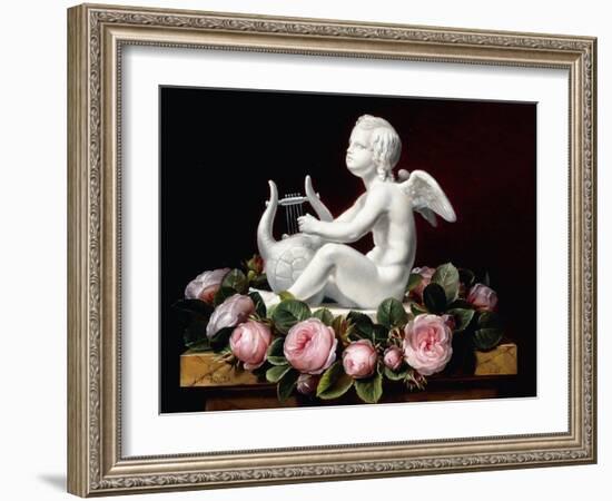 Garland of Pink Roses around Cupid Playing a Lyre on a Marble Ledge, 1841-Johan Laurents Jensen-Framed Giclee Print