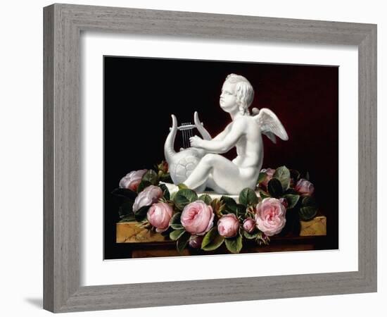 Garland of Pink Roses around Cupid Playing a Lyre on a Marble Ledge, 1841-Johan Laurents Jensen-Framed Giclee Print