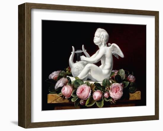 Garland of Pink Roses around Cupid Playing a Lyre on a Marble Ledge, 1841-Johan Laurents Jensen-Framed Giclee Print