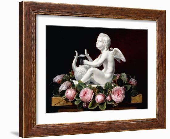 Garland of Pink Roses around Cupid Playing a Lyre on a Marble Ledge, 1841-Johan Laurents Jensen-Framed Giclee Print