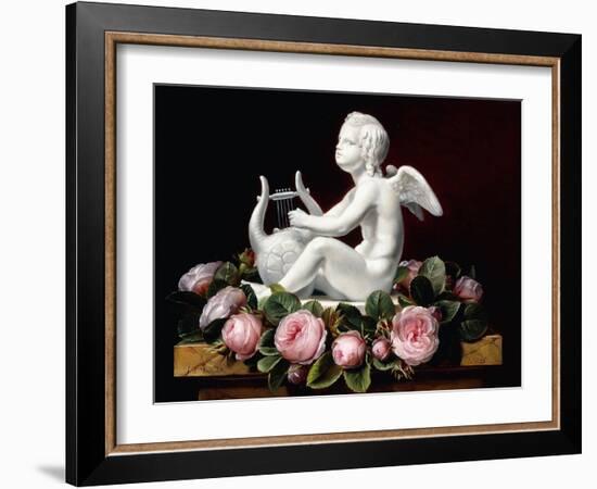 Garland of Pink Roses around Cupid Playing a Lyre on a Marble Ledge, 1841-Johan Laurents Jensen-Framed Giclee Print