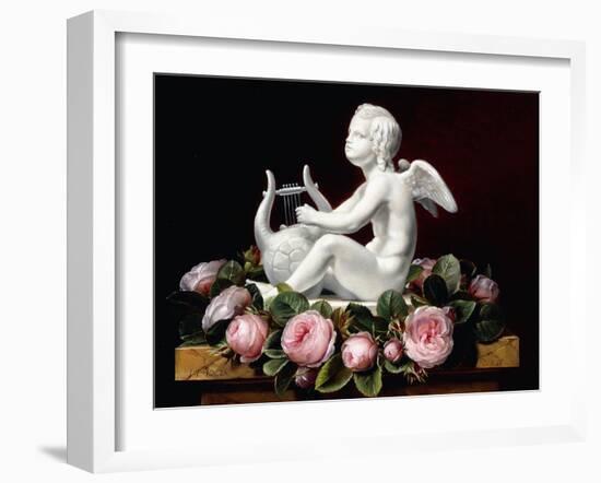 Garland of Pink Roses around Cupid Playing a Lyre on a Marble Ledge, 1841-Johan Laurents Jensen-Framed Giclee Print