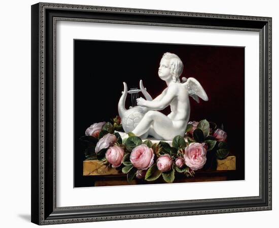 Garland of Pink Roses around Cupid Playing a Lyre on a Marble Ledge, 1841-Johan Laurents Jensen-Framed Giclee Print