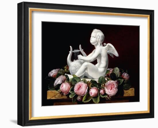 Garland of Pink Roses around Cupid Playing a Lyre on a Marble Ledge, 1841-Johan Laurents Jensen-Framed Giclee Print