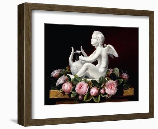 Garland of Pink Roses around Cupid Playing a Lyre on a Marble Ledge, 1841-Johan Laurents Jensen-Framed Giclee Print