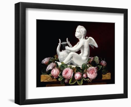 Garland of Pink Roses around Cupid Playing a Lyre on a Marble Ledge, 1841-Johan Laurents Jensen-Framed Giclee Print