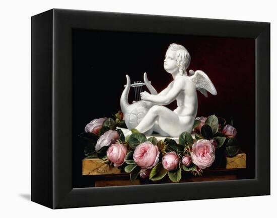 Garland of Pink Roses around Cupid Playing a Lyre on a Marble Ledge, 1841-Johan Laurents Jensen-Framed Premier Image Canvas