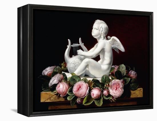 Garland of Pink Roses around Cupid Playing a Lyre on a Marble Ledge, 1841-Johan Laurents Jensen-Framed Premier Image Canvas