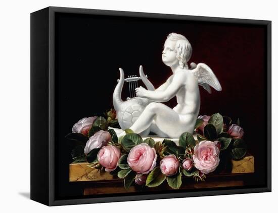 Garland of Pink Roses around Cupid Playing a Lyre on a Marble Ledge, 1841-Johan Laurents Jensen-Framed Premier Image Canvas