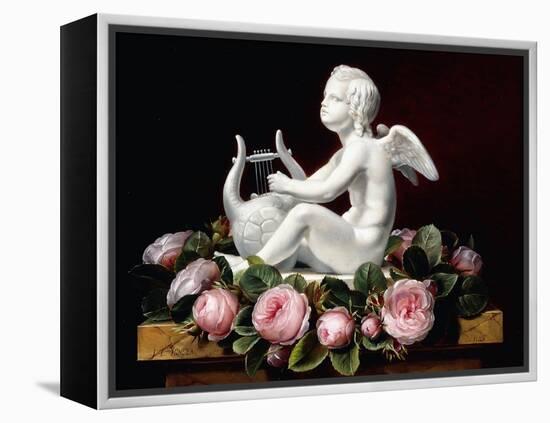 Garland of Pink Roses around Cupid Playing a Lyre on a Marble Ledge, 1841-Johan Laurents Jensen-Framed Premier Image Canvas