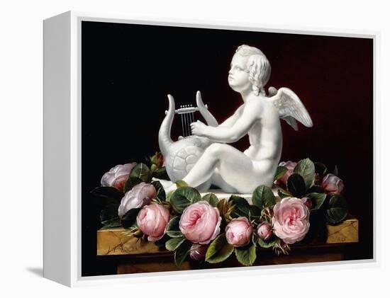 Garland of Pink Roses around Cupid Playing a Lyre on a Marble Ledge, 1841-Johan Laurents Jensen-Framed Premier Image Canvas