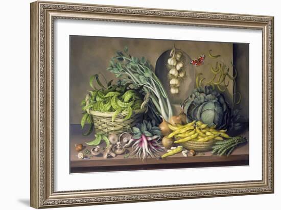 Garlic and Radishes and a Peacock Buttefly, 1997-Amelia Kleiser-Framed Giclee Print