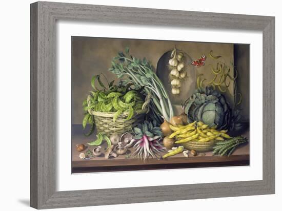 Garlic and Radishes and a Peacock Buttefly, 1997-Amelia Kleiser-Framed Giclee Print