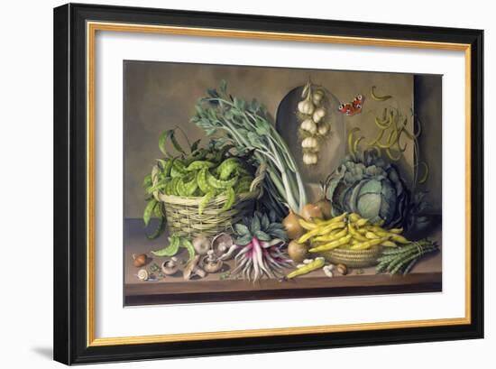 Garlic and Radishes and a Peacock Buttefly, 1997-Amelia Kleiser-Framed Giclee Print