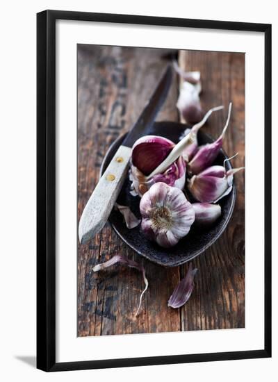 Garlic Bulbs and Cloves in a Ceramic Dish-barbaradudzinska-Framed Photographic Print