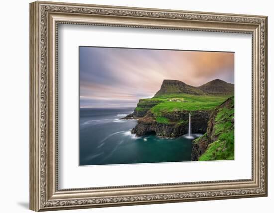 Gasadalur Village and its Iconic Waterfall, Vagar, Faroe Islands, Denmark. Long Exposure.-Nick Fox-Framed Photographic Print