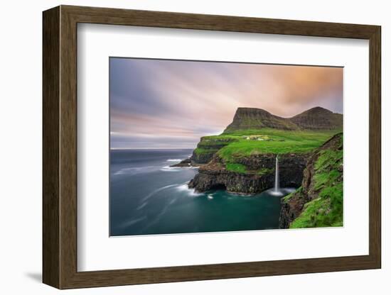 Gasadalur Village and its Iconic Waterfall, Vagar, Faroe Islands, Denmark. Long Exposure.-Nick Fox-Framed Photographic Print