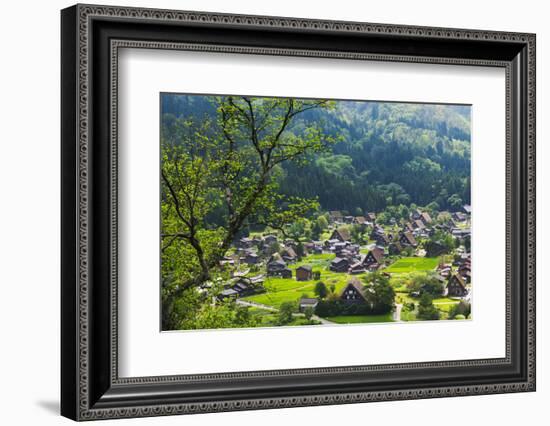 Gassho-zukuri houses and farmland in the mountain, Shirakawa-go, Japan-Keren Su-Framed Photographic Print