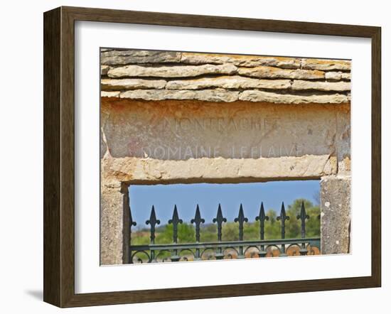 Gate and Key Stone Carved with Montrachet, Domaine Leflaive, Grand Cru Vineyard, Bourgogne, France-Per Karlsson-Framed Photographic Print