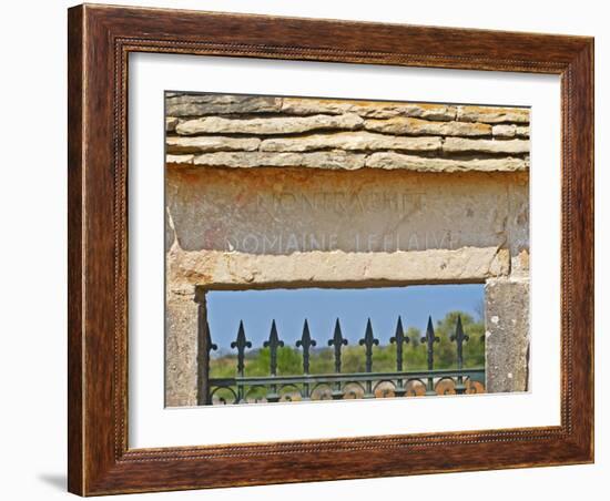 Gate and Key Stone Carved with Montrachet, Domaine Leflaive, Grand Cru Vineyard, Bourgogne, France-Per Karlsson-Framed Photographic Print