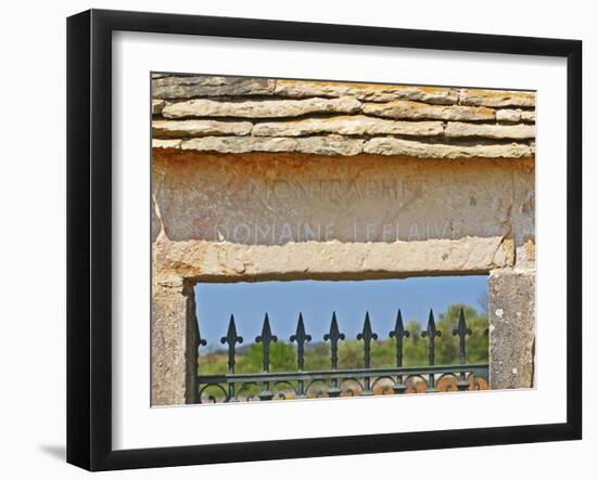 Gate and Key Stone Carved with Montrachet, Domaine Leflaive, Grand Cru Vineyard, Bourgogne, France-Per Karlsson-Framed Photographic Print