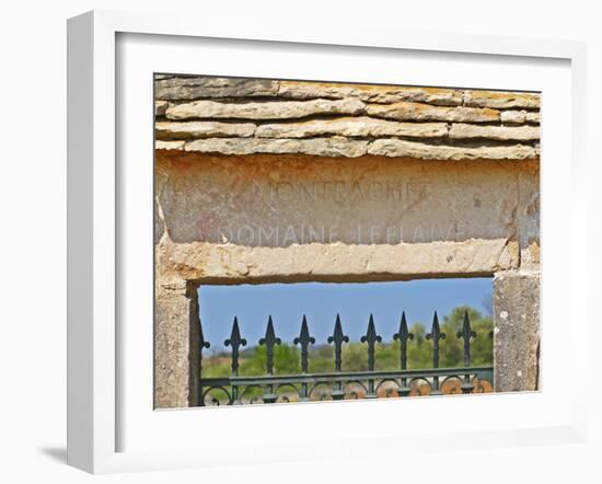 Gate and Key Stone Carved with Montrachet, Domaine Leflaive, Grand Cru Vineyard, Bourgogne, France-Per Karlsson-Framed Photographic Print