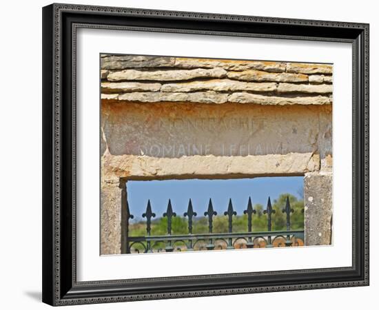 Gate and Key Stone Carved with Montrachet, Domaine Leflaive, Grand Cru Vineyard, Bourgogne, France-Per Karlsson-Framed Photographic Print