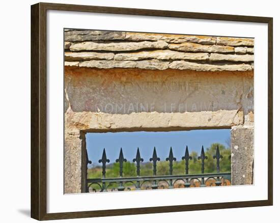 Gate and Key Stone Carved with Montrachet, Domaine Leflaive, Grand Cru Vineyard, Bourgogne, France-Per Karlsson-Framed Photographic Print