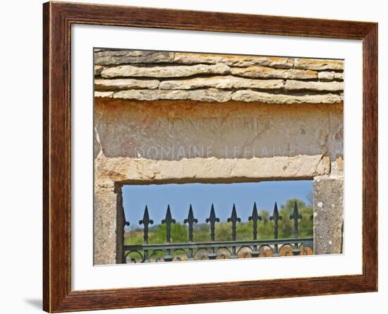 Gate and Key Stone Carved with Montrachet, Domaine Leflaive, Grand Cru Vineyard, Bourgogne, France-Per Karlsson-Framed Photographic Print