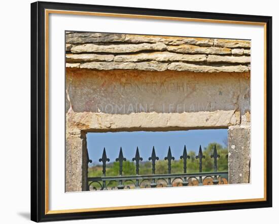 Gate and Key Stone Carved with Montrachet, Domaine Leflaive, Grand Cru Vineyard, Bourgogne, France-Per Karlsson-Framed Photographic Print