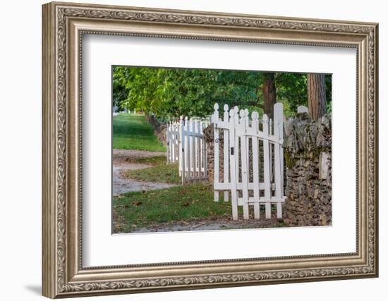 Gate and white wooden fence and rock wall, Shaker Village of Pleasant Hill, Harrodsburg, Kentucky-Adam Jones-Framed Photographic Print