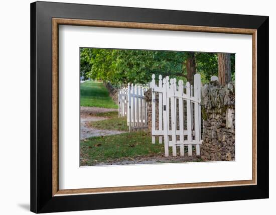 Gate and white wooden fence and rock wall, Shaker Village of Pleasant Hill, Harrodsburg, Kentucky-Adam Jones-Framed Photographic Print