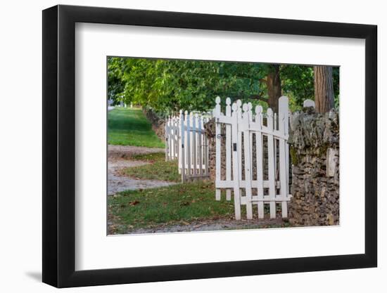 Gate and white wooden fence and rock wall, Shaker Village of Pleasant Hill, Harrodsburg, Kentucky-Adam Jones-Framed Photographic Print