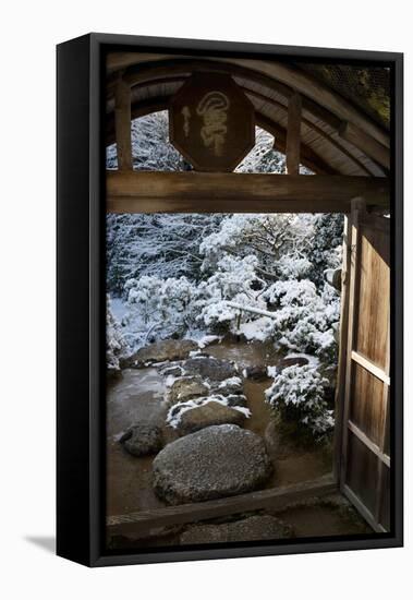 Gate on snowy Japanese garden, Okochi-sanso villa, Kyoto, Japan, Asia-Damien Douxchamps-Framed Premier Image Canvas