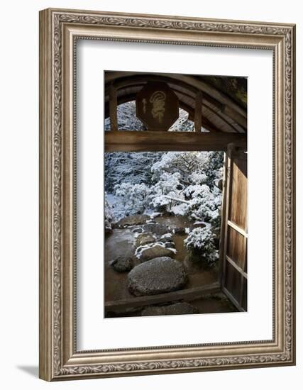Gate on snowy Japanese garden, Okochi-sanso villa, Kyoto, Japan, Asia-Damien Douxchamps-Framed Photographic Print
