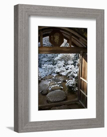 Gate on snowy Japanese garden, Okochi-sanso villa, Kyoto, Japan, Asia-Damien Douxchamps-Framed Photographic Print