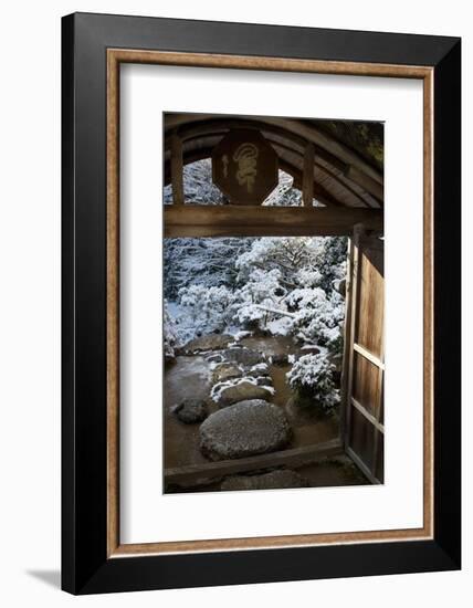 Gate on snowy Japanese garden, Okochi-sanso villa, Kyoto, Japan, Asia-Damien Douxchamps-Framed Photographic Print