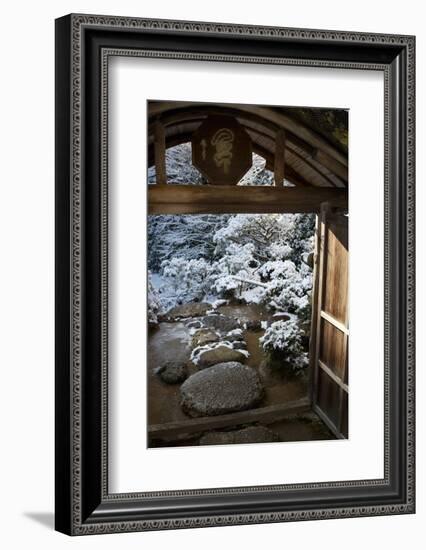 Gate on snowy Japanese garden, Okochi-sanso villa, Kyoto, Japan, Asia-Damien Douxchamps-Framed Photographic Print