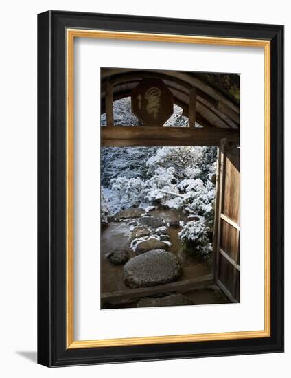 Gate on snowy Japanese garden, Okochi-sanso villa, Kyoto, Japan, Asia-Damien Douxchamps-Framed Photographic Print