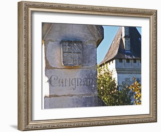 Gate Post with Coat of Arms and Carving, Chateau Carignan, Premieres Cotes De Bordeaux, France-Per Karlsson-Framed Photographic Print