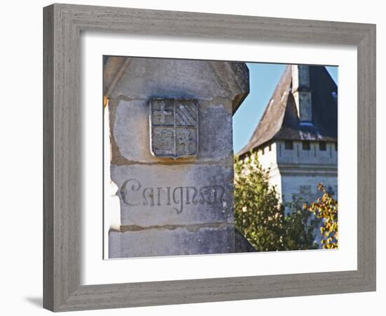 Gate Post with Coat of Arms and Carving, Chateau Carignan, Premieres Cotes De Bordeaux, France-Per Karlsson-Framed Photographic Print