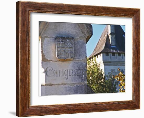 Gate Post with Coat of Arms and Carving, Chateau Carignan, Premieres Cotes De Bordeaux, France-Per Karlsson-Framed Photographic Print