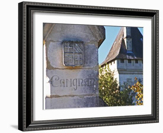 Gate Post with Coat of Arms and Carving, Chateau Carignan, Premieres Cotes De Bordeaux, France-Per Karlsson-Framed Photographic Print