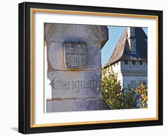 Gate Post with Coat of Arms and Carving, Chateau Carignan, Premieres Cotes De Bordeaux, France-Per Karlsson-Framed Photographic Print