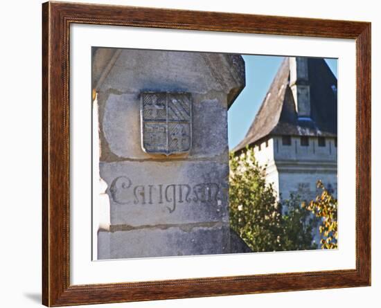 Gate Post with Coat of Arms and Carving, Chateau Carignan, Premieres Cotes De Bordeaux, France-Per Karlsson-Framed Photographic Print