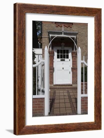 Gates Leading to Block Paving, and a White Front Door, of a Residential House-Natalie Tepper-Framed Photo