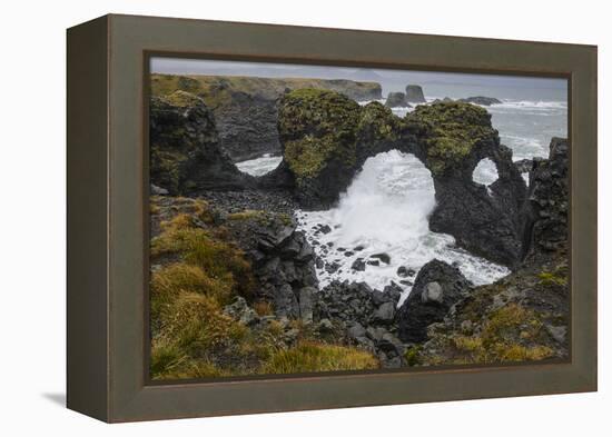 Gatklettur basalt rock arch on the Snaefellsness Peninsula, Iceland, Polar Regions-Jon Reaves-Framed Premier Image Canvas