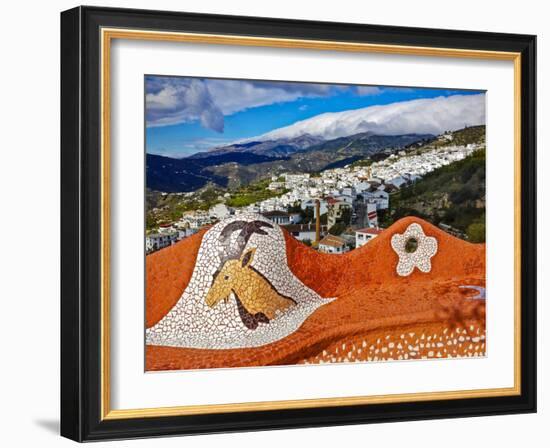 Gaudi - type mosaic seat omn a viewing point above Competa, Malaga Province. Andalucia, Spain-Panoramic Images-Framed Photographic Print