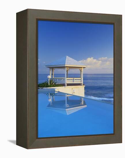 Gazebo Reflecting on Pool with Sea in Background, Long Island, Bahamas-Kent Foster-Framed Premier Image Canvas