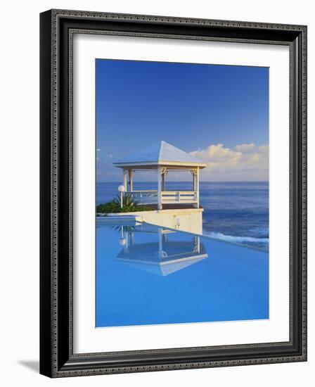 Gazebo Reflecting on Pool with Sea in Background, Long Island, Bahamas-Kent Foster-Framed Photographic Print